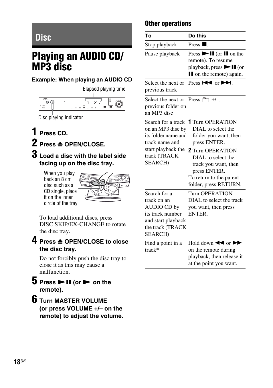 Disc, Playing an audio cd/ mp3 disc, Playing an audio cd/mp3 | Sony FST-ZUX9 User Manual | Page 18 / 60