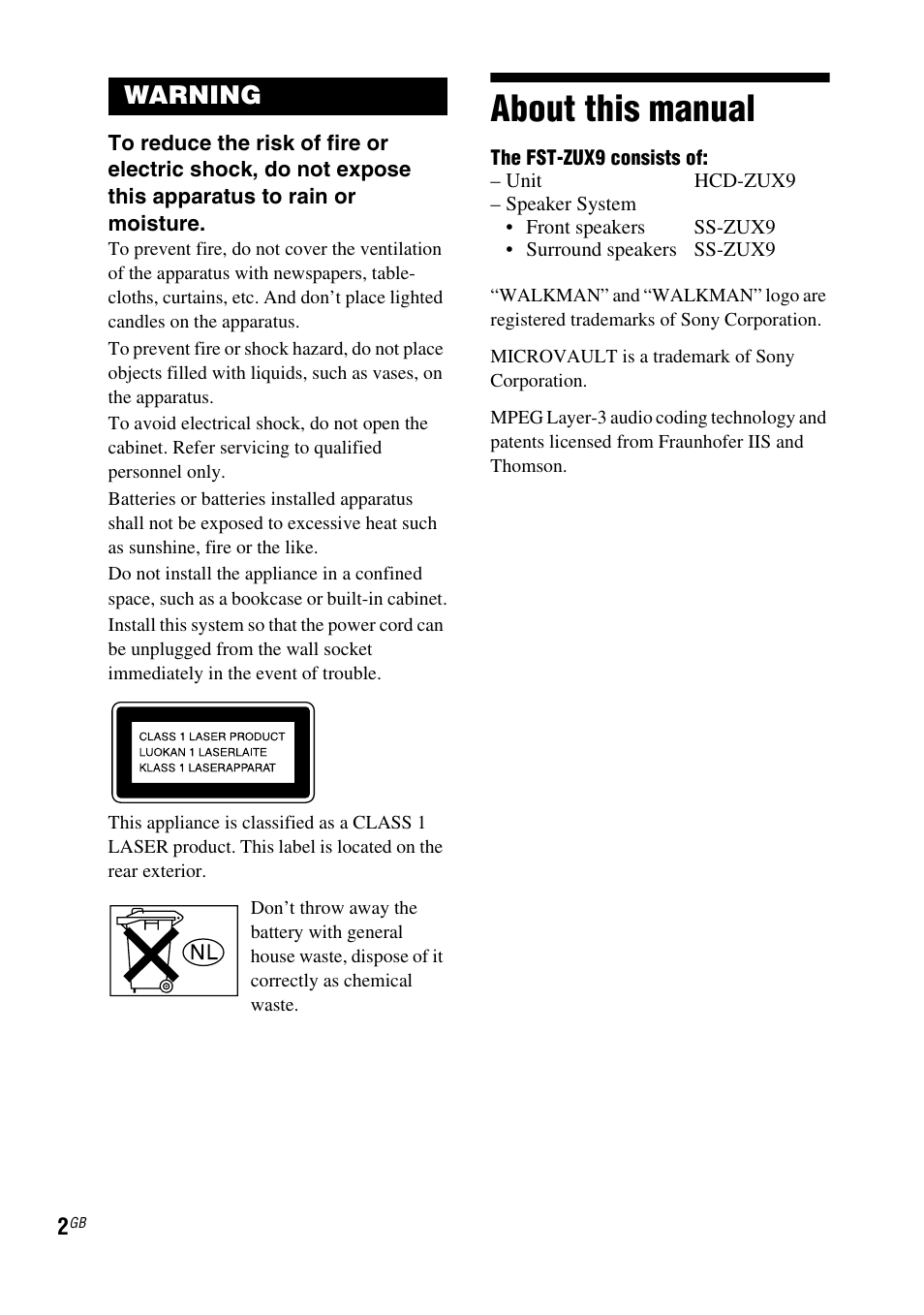 About this manual, Warning | Sony FST-ZUX9 User Manual | Page 2 / 60