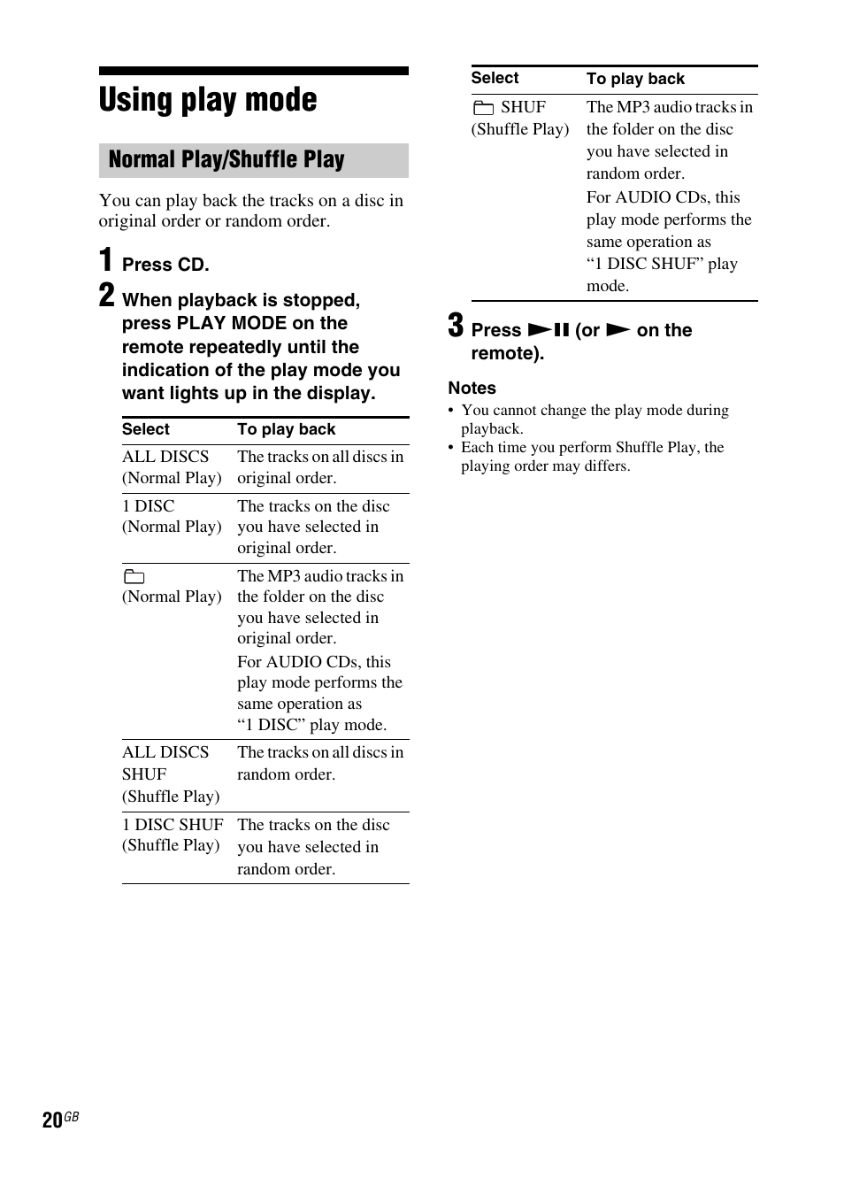 Using play mode, Normal play/shuffle play | Sony FST-ZUX9 User Manual | Page 20 / 60