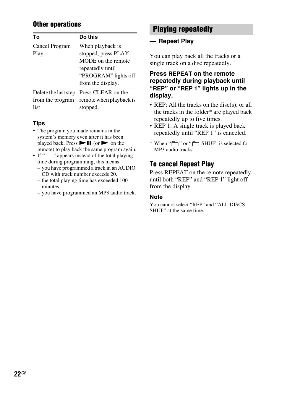 Playing repeatedly, Other operations | Sony FST-ZUX9 User Manual | Page 22 / 60