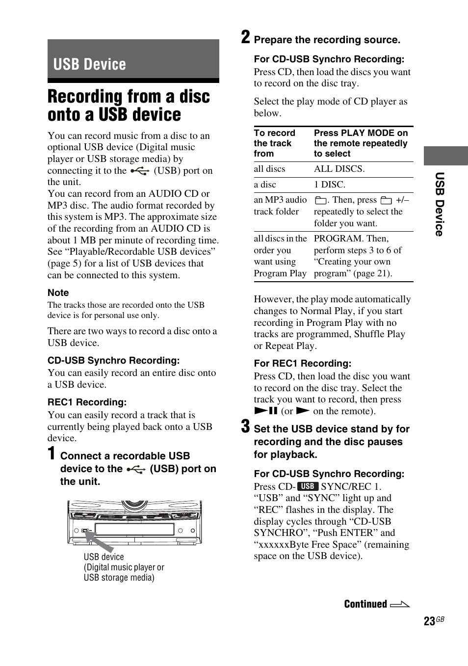 Usb device, Recording from a disc onto a usb device, Recording from a disc onto a | Sony FST-ZUX9 User Manual | Page 23 / 60