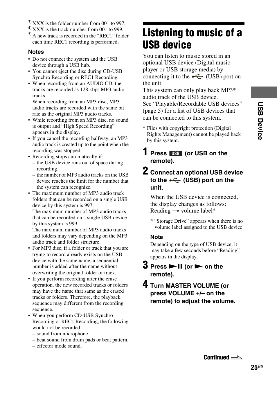Listening to music of a usb device, Listening to music of a usb, Device | Sony FST-ZUX9 User Manual | Page 25 / 60