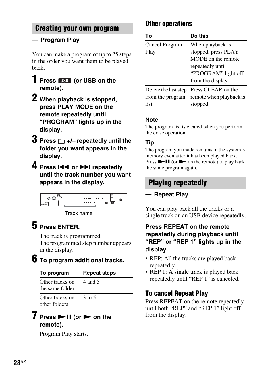 Creating your own program, Playing repeatedly | Sony FST-ZUX9 User Manual | Page 28 / 60