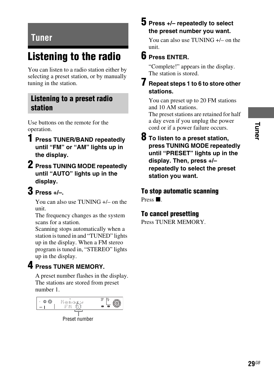 Tuner, Listening to the radio | Sony FST-ZUX9 User Manual | Page 29 / 60