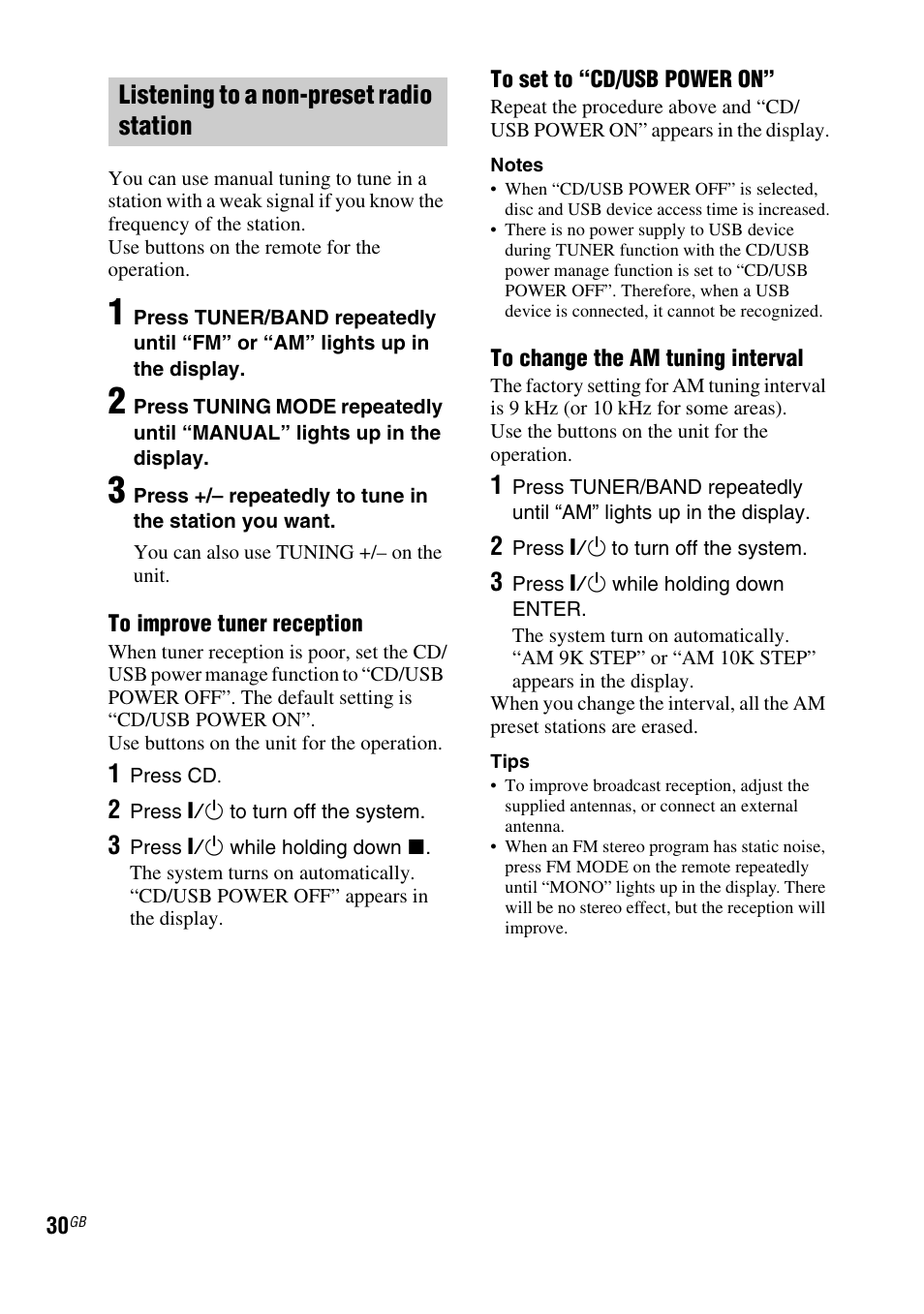 Listening to a non-preset radio station | Sony FST-ZUX9 User Manual | Page 30 / 60