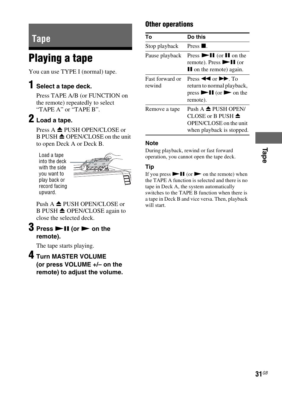 Tape, Playing a tape | Sony FST-ZUX9 User Manual | Page 31 / 60