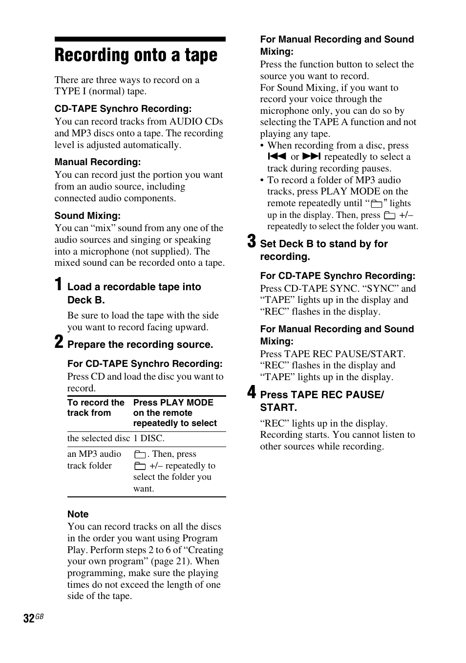 Recording onto a tape | Sony FST-ZUX9 User Manual | Page 32 / 60