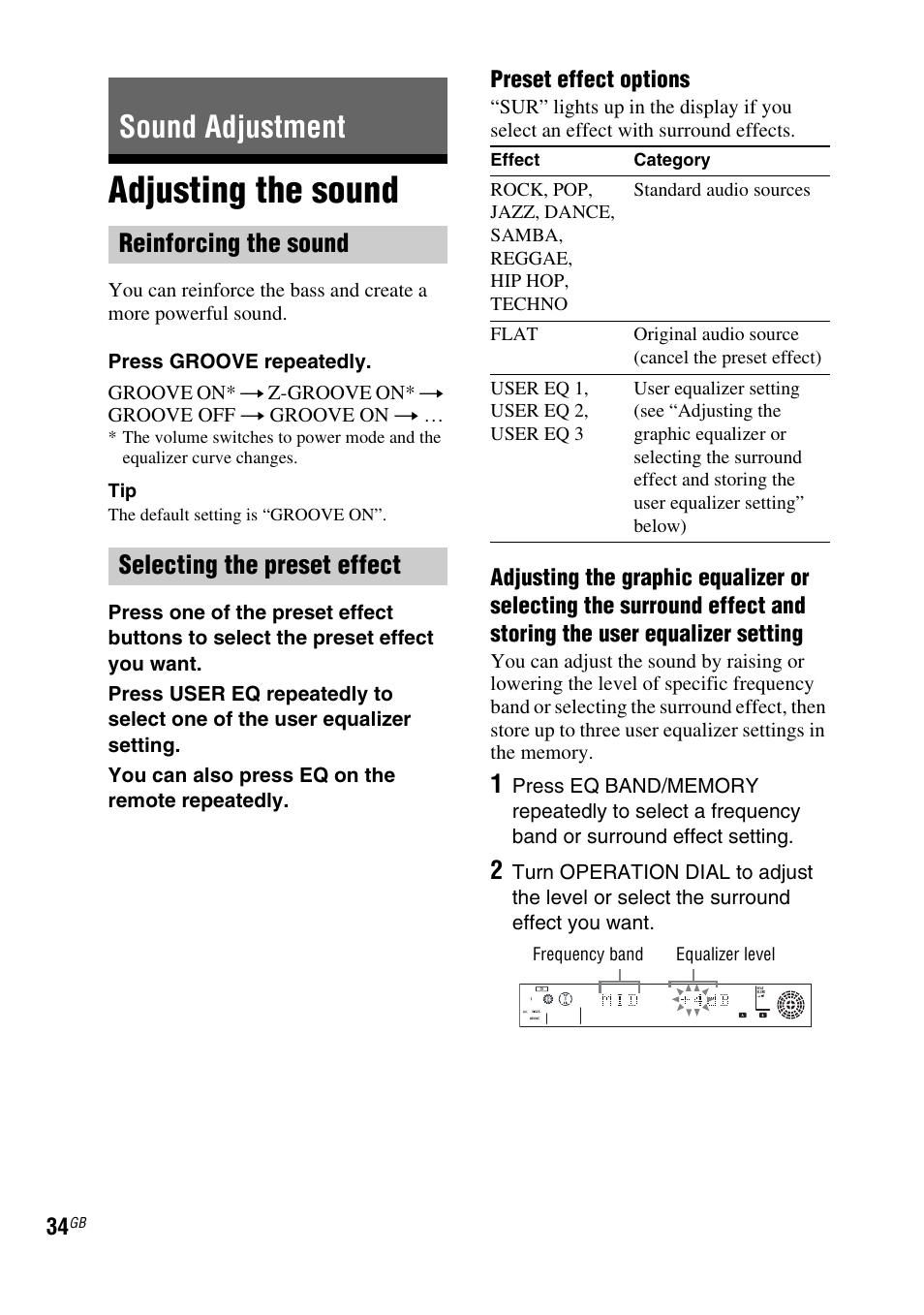 Sound adjustment, Adjusting the sound, Reinforcing the sound selecting the preset effect | Sony FST-ZUX9 User Manual | Page 34 / 60