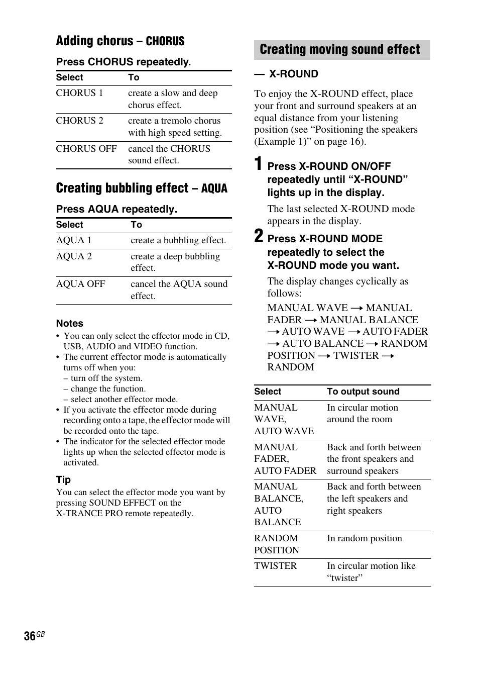 Adding chorus, Creating bubbling effect, Creating moving sound effect | Sony FST-ZUX9 User Manual | Page 36 / 60