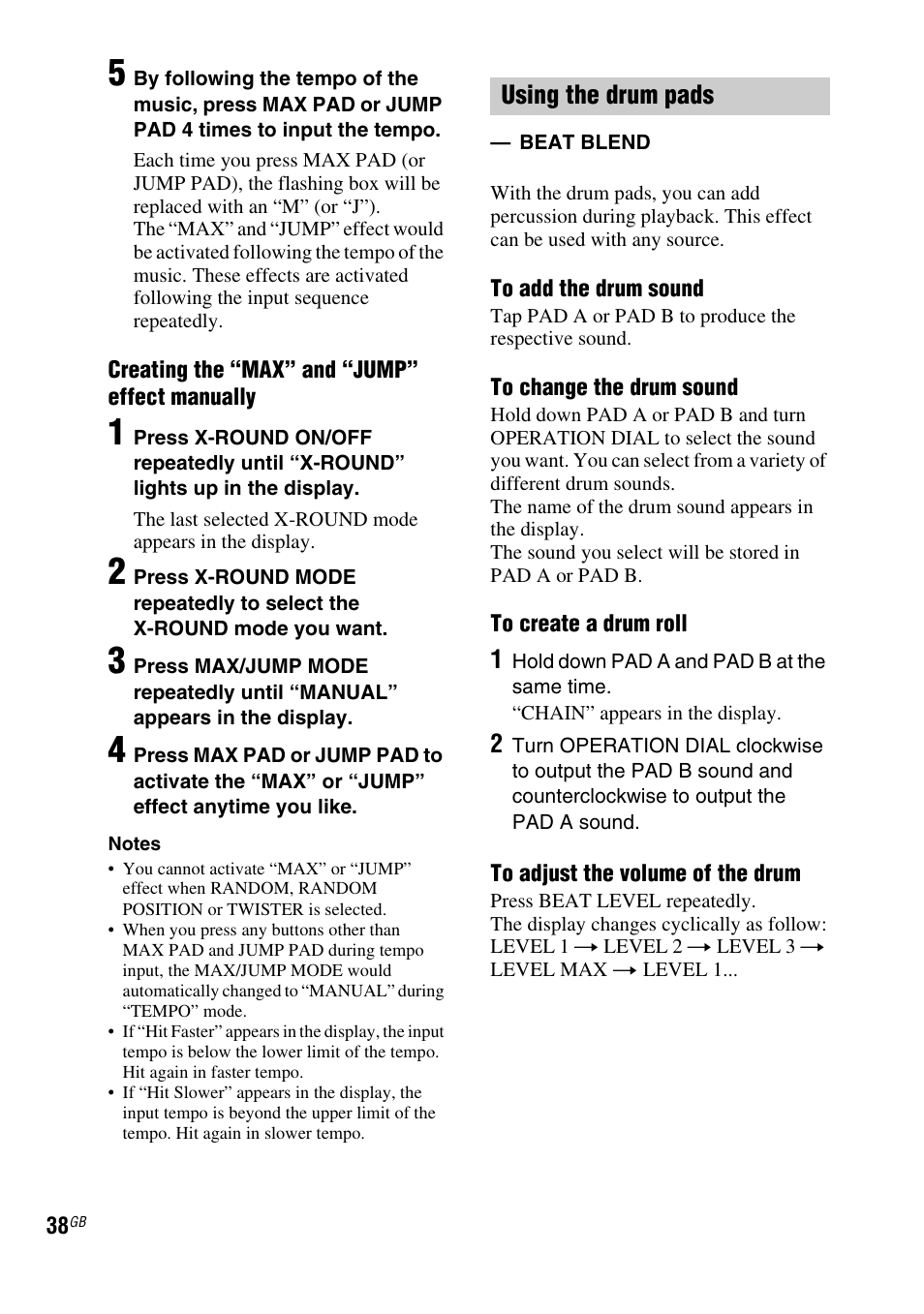 Using the drum pads | Sony FST-ZUX9 User Manual | Page 38 / 60