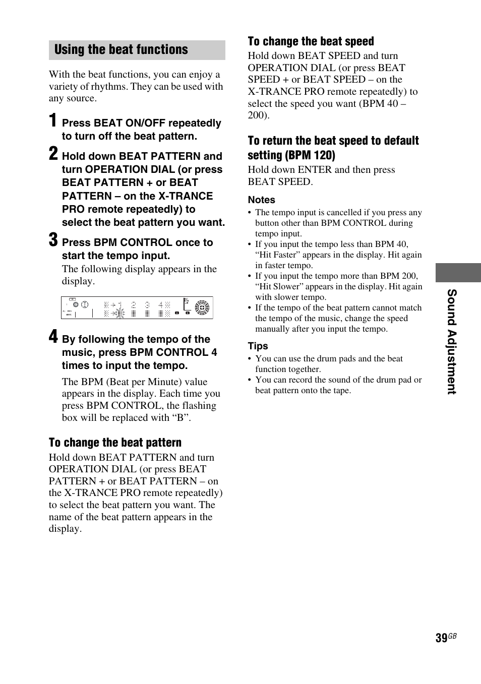 Using the beat functions | Sony FST-ZUX9 User Manual | Page 39 / 60