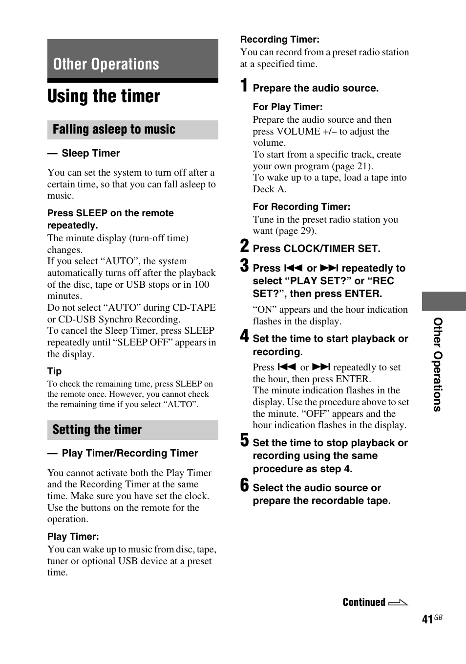 Other operations, Using the timer | Sony FST-ZUX9 User Manual | Page 41 / 60