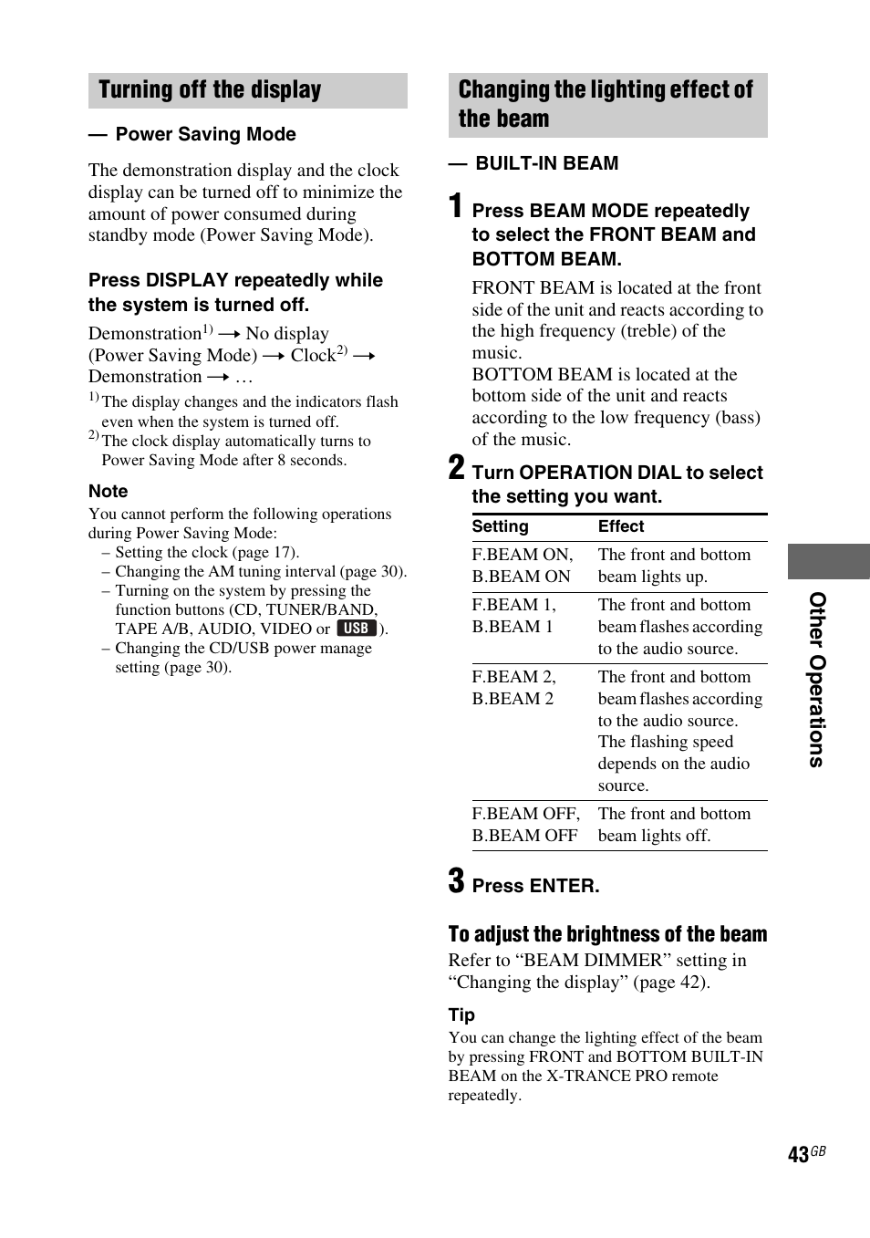 Turning off the display, Changing the lighting effect of the beam | Sony FST-ZUX9 User Manual | Page 43 / 60