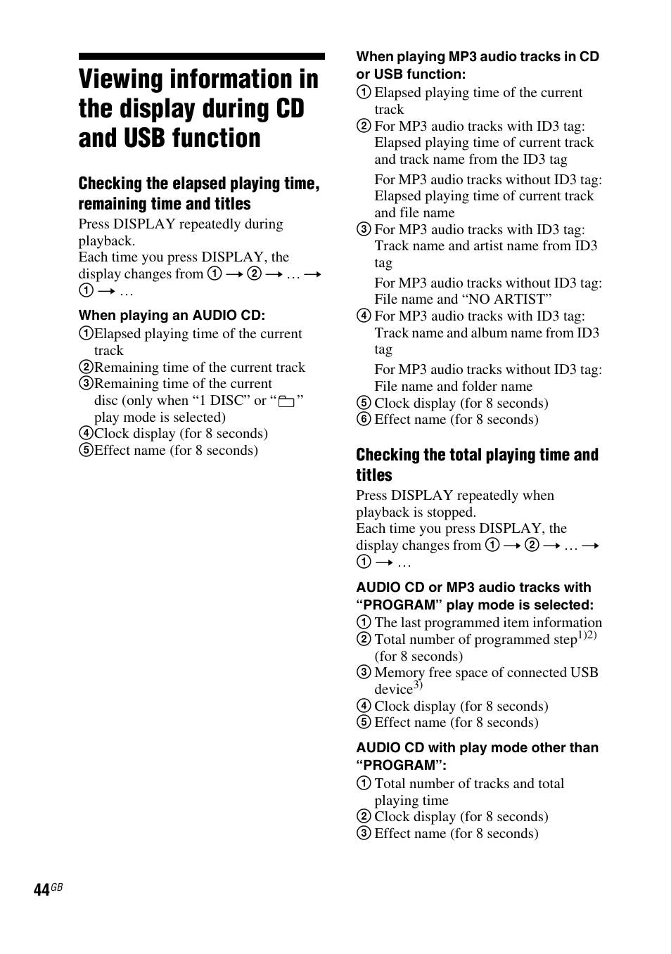 Viewing information in the, Display during cd and usb function | Sony FST-ZUX9 User Manual | Page 44 / 60