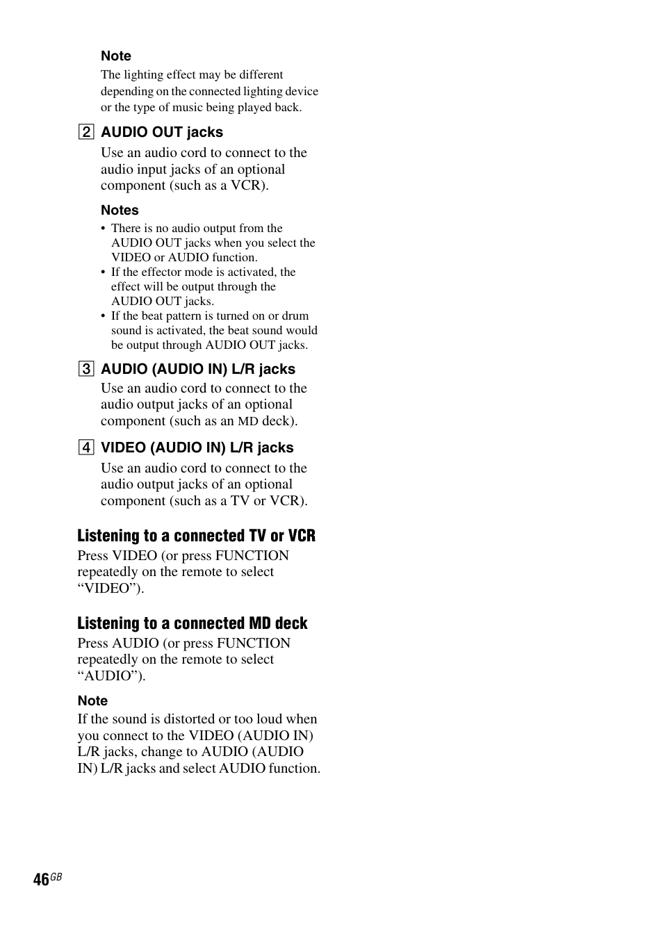 Listening to a connected tv or vcr, Listening to a connected md deck | Sony FST-ZUX9 User Manual | Page 46 / 60