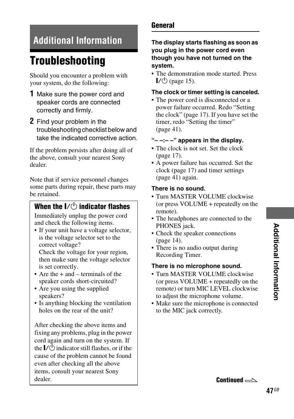 Additional information, Troubleshooting | Sony FST-ZUX9 User Manual | Page 47 / 60