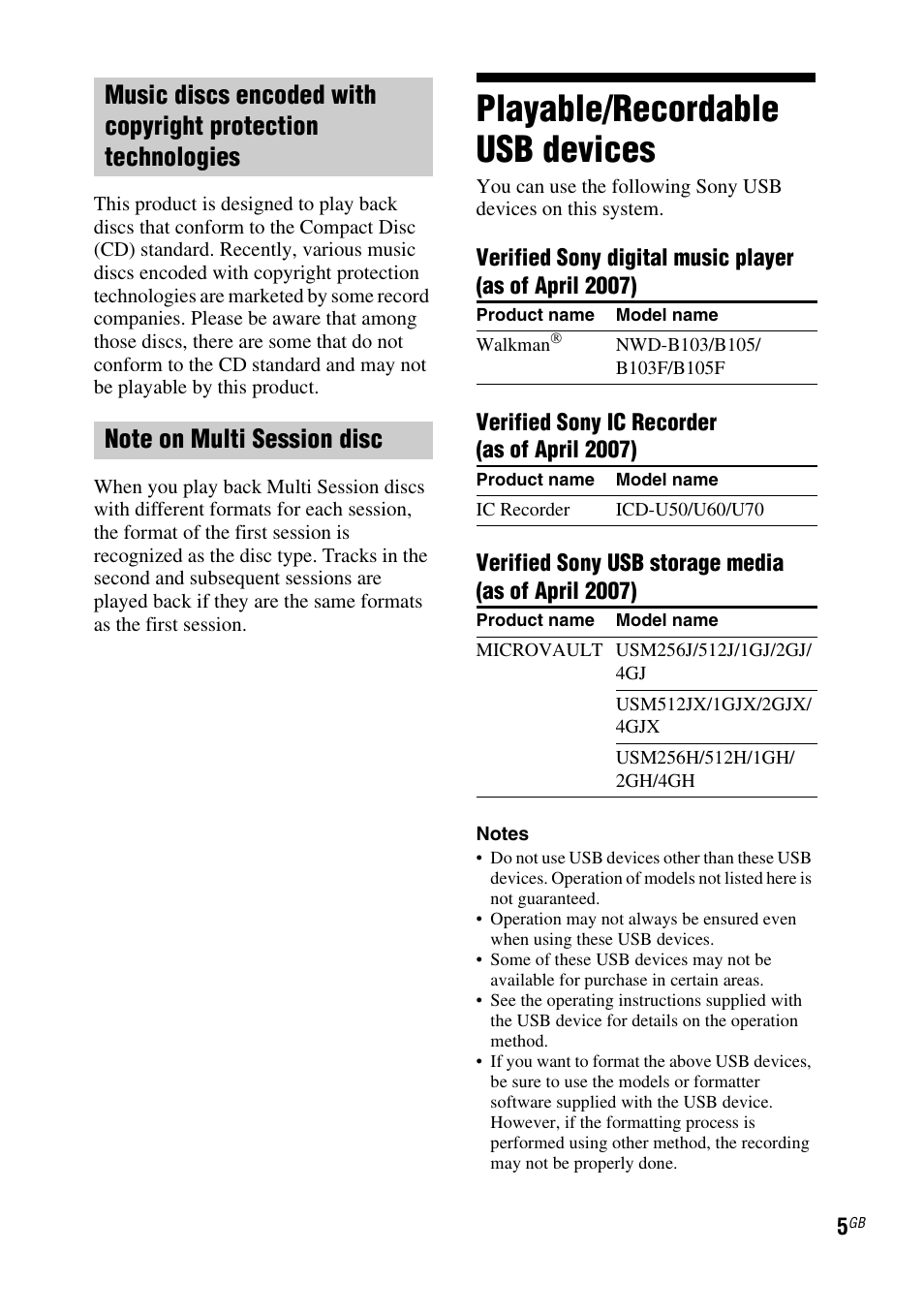 Playable/recordable usb devices, Playable/recordable usb, Devices | Sony FST-ZUX9 User Manual | Page 5 / 60