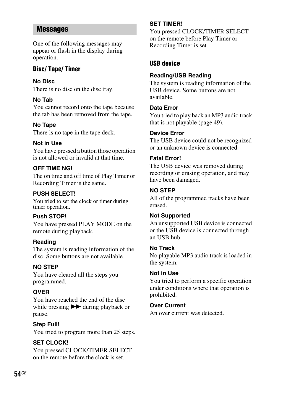 Messages | Sony FST-ZUX9 User Manual | Page 54 / 60