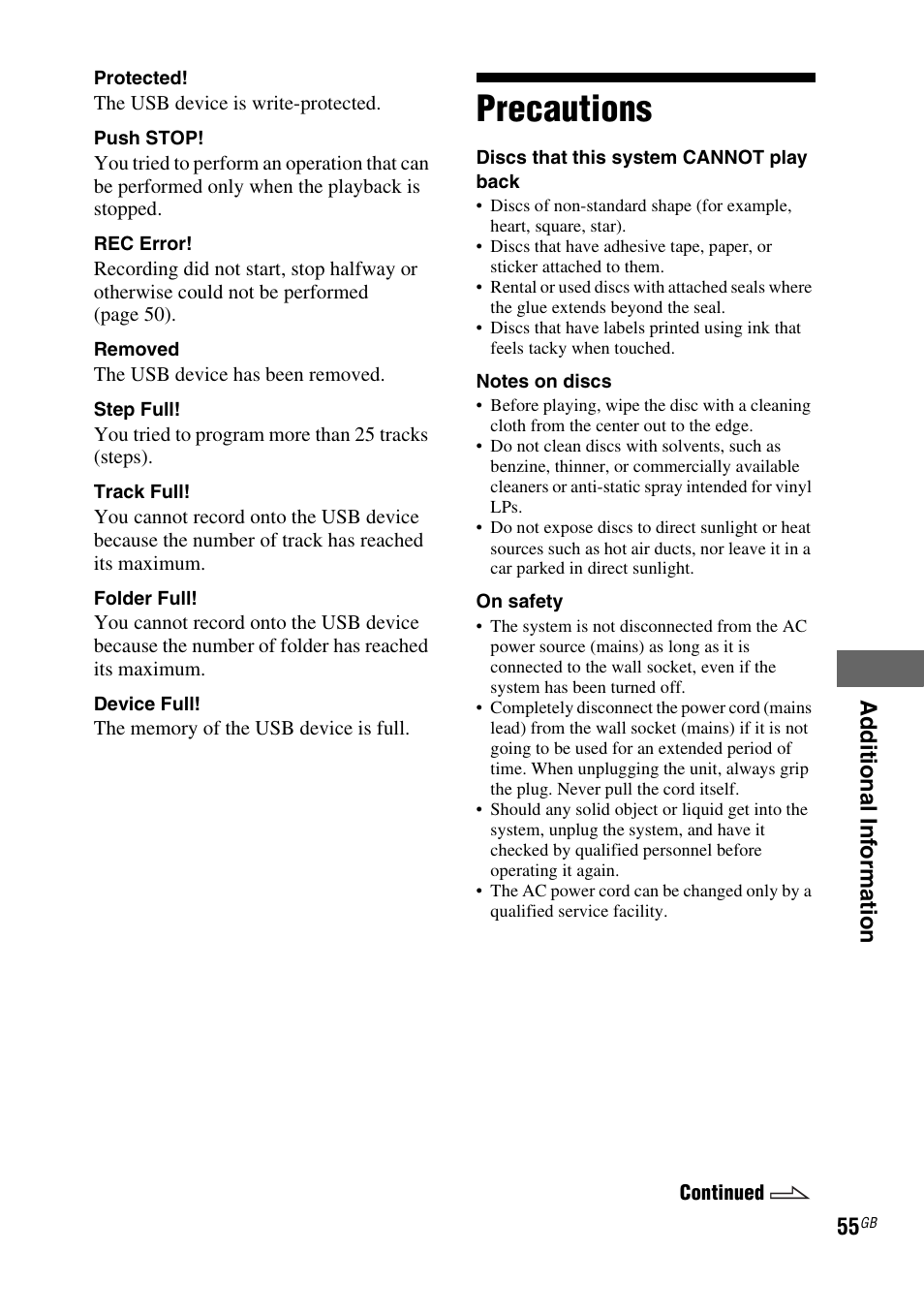 Precautions | Sony FST-ZUX9 User Manual | Page 55 / 60