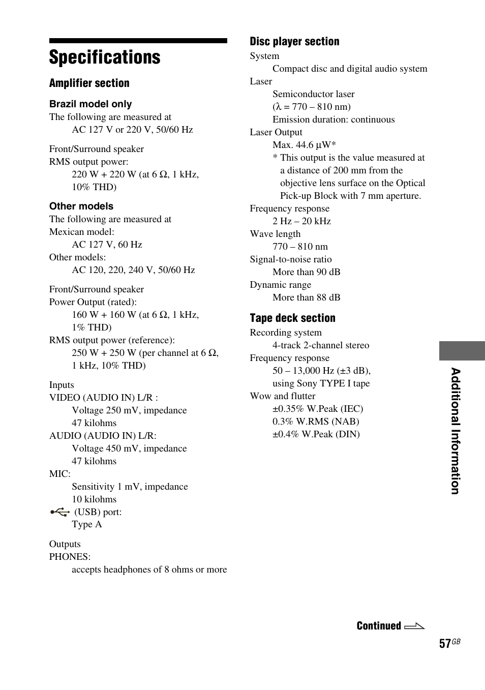 Specifications | Sony FST-ZUX9 User Manual | Page 57 / 60