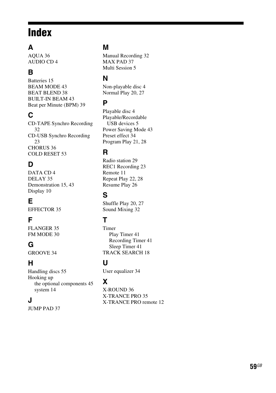 Index | Sony FST-ZUX9 User Manual | Page 59 / 60