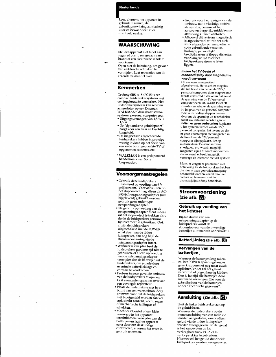 Waarschuwing, Kenmerken, Voorzorgsmaatregelen | Stroomvoorziening (zie afb. q), Aansluiting (zie afb. q) | Sony SRS-A15 User Manual | Page 12 / 17