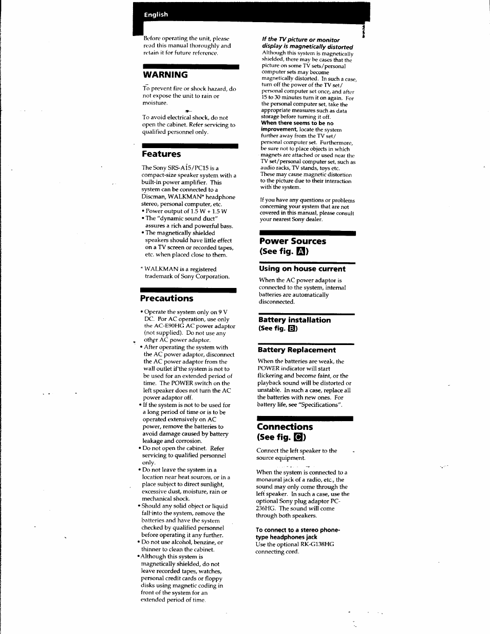 Warning, Features, Precautions | Power sources (see fig. q), Using on house current, Battery installation (see fig. b), Battery replacement, Connections (see fig. q), To connect to a stereo phone- type headphones jack | Sony SRS-A15 User Manual | Page 4 / 17