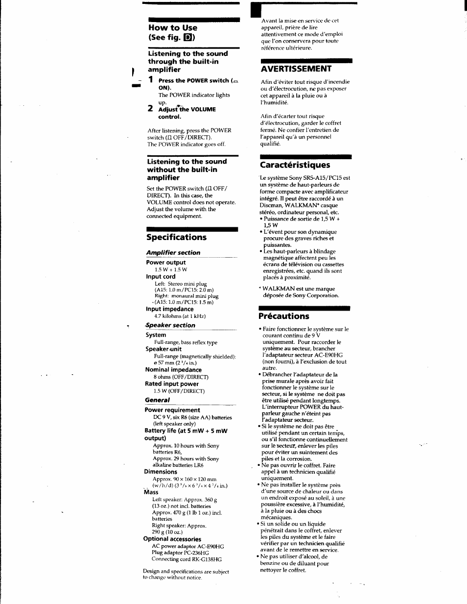 How to use (see fig. q), Specifications, Power output | Input cord, Input impedance, Speaker-unit, Nominal impedance, Rated input power, Power requirement, Battery life (at 5 mw + 5 mw output) | Sony SRS-A15 User Manual | Page 5 / 17