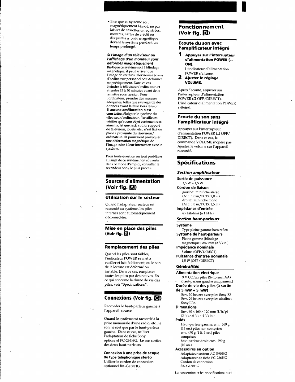 Sources d'alimentation (voir fig. q), Utilisation sur le secteur, Mise en place des piles (voir fig. s) | Remplacement des piles, Connexions (voir fig. b), Fonctionnement (voir fig. q), Ecoute du son avec l'amplificateur intégré, Ecoute du son sans l'amplificateur intégré, Spécifications, Sortie de puissance | Sony SRS-A15 User Manual | Page 6 / 17