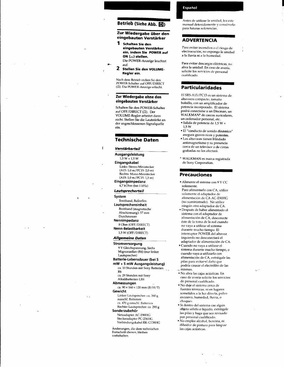 Betrieb (siehe abb. в), Zur wiedergabe über den eingebauten verstärker, Zur wiedergabe ohne den eingebauten verstärker | Technische daten, Advertencia, Particularidades, Precauciones | Sony SRS-A15 User Manual | Page 8 / 17