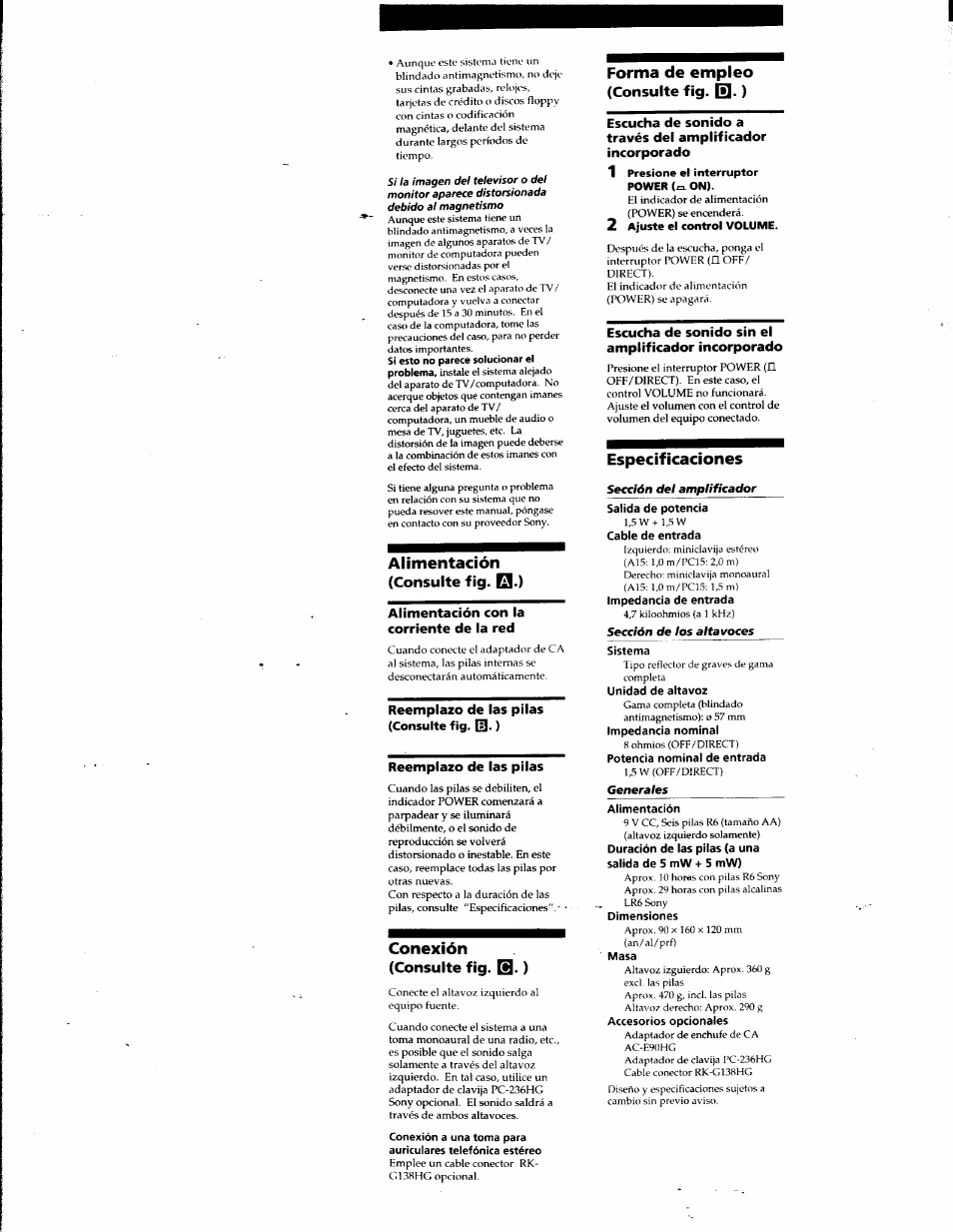 Alimentación, Consulte fig. q.), Consulte fig. q. ) | Forma de empleo, Consulte fig. (>]•), Especificaciones, Salida de potencia, Cable de entrada, Sistema, Unidad de altavoz | Sony SRS-A15 User Manual | Page 9 / 17