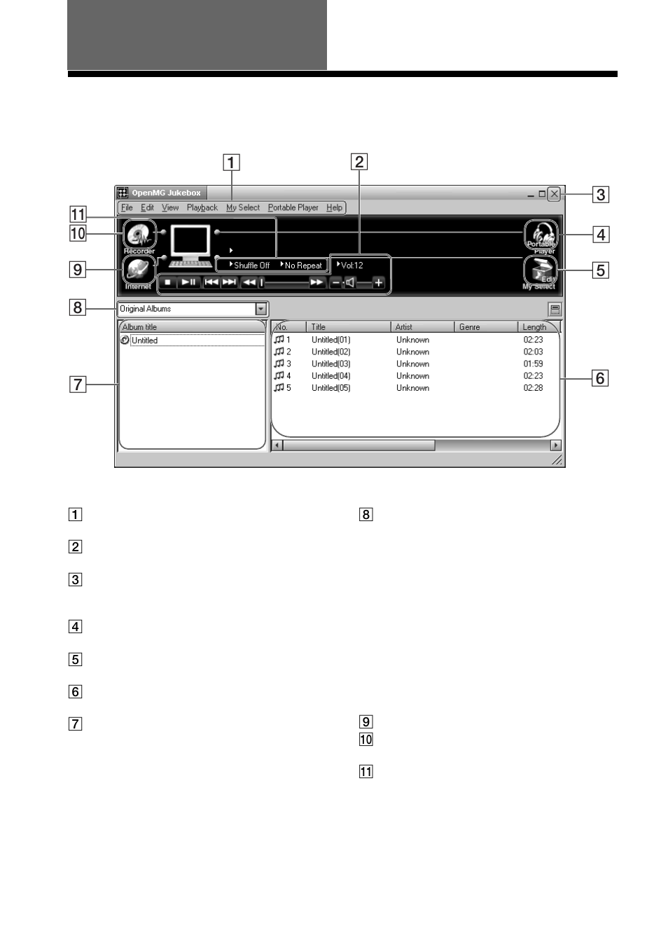 Advanced operations (openmg jukebox), Names and functions of the openmg jukebox window, 22 advanced operations (openmg jukebox) | Sony NW-E3 User Manual | Page 22 / 36