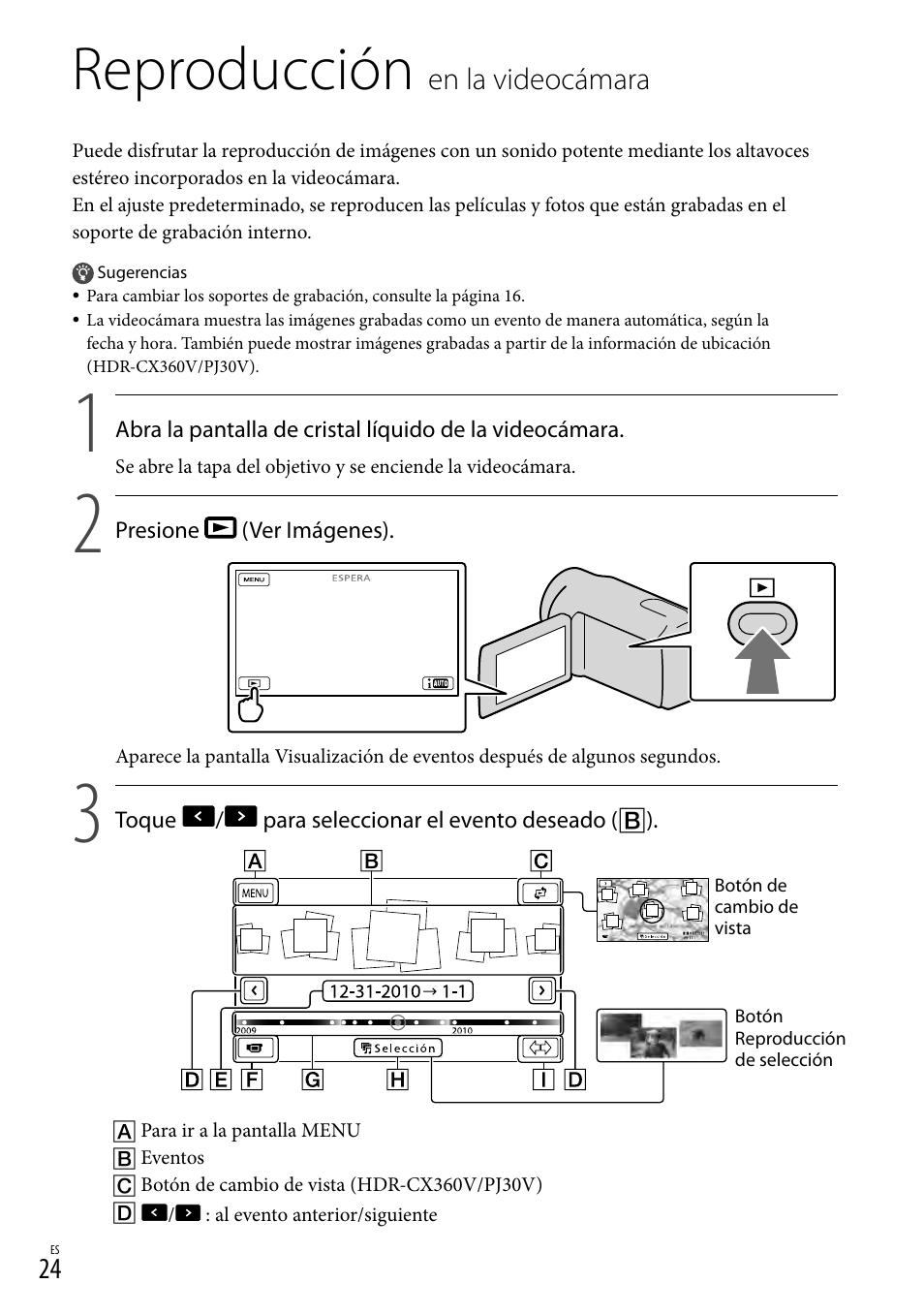 Reproducción en la videocámara, Reproducción, En.la.videocámara | Sony HDR-CX360V User Manual | Page 100 / 151