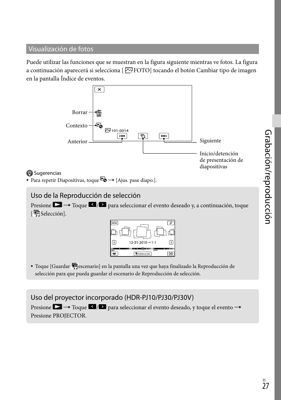 Uso de la reproducción de selección, Gr abación/r epr oduc ción | Sony HDR-CX360V User Manual | Page 103 / 151