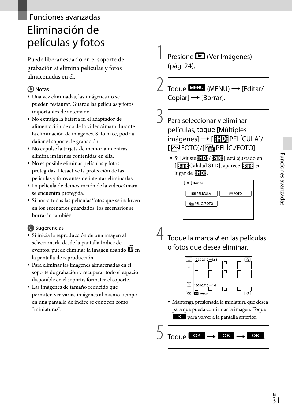 Funciones avanzadas, Eliminación de películas y fotos | Sony HDR-CX360V User Manual | Page 107 / 151