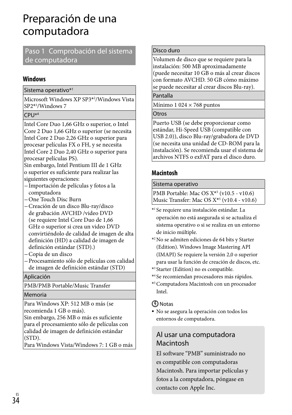 Preparación de una computadora, Al usar una computadora macintosh, Paso 1 comprobación del sistema de computadora | Windows, Macintosh | Sony HDR-CX360V User Manual | Page 110 / 151