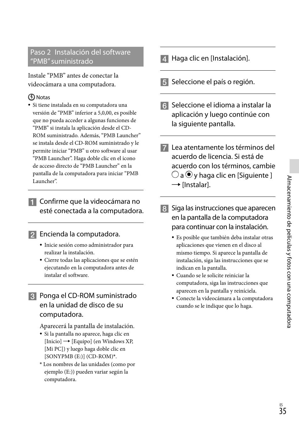 Paso 2 instalación del software “pmb” suministrado | Sony HDR-CX360V User Manual | Page 111 / 151