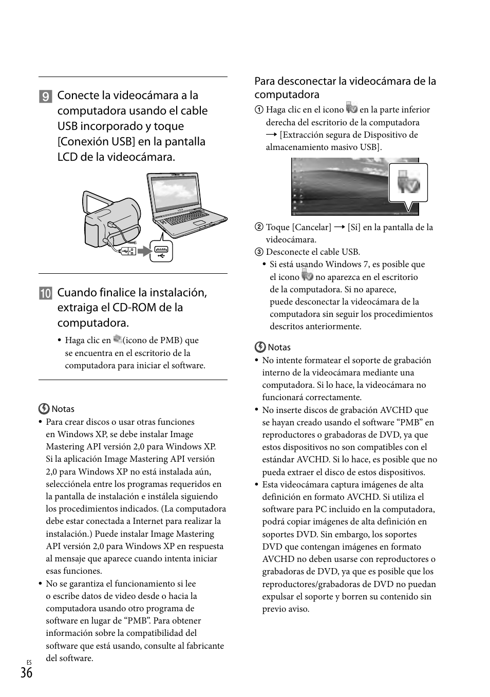 Para desconectar la videocámara de la computadora | Sony HDR-CX360V User Manual | Page 112 / 151