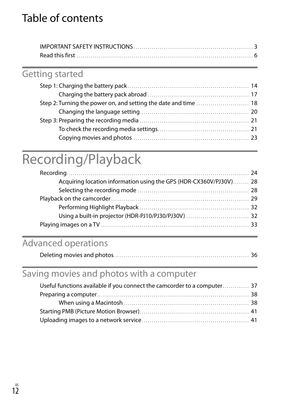 Sony HDR-CX360V User Manual | Page 12 / 151