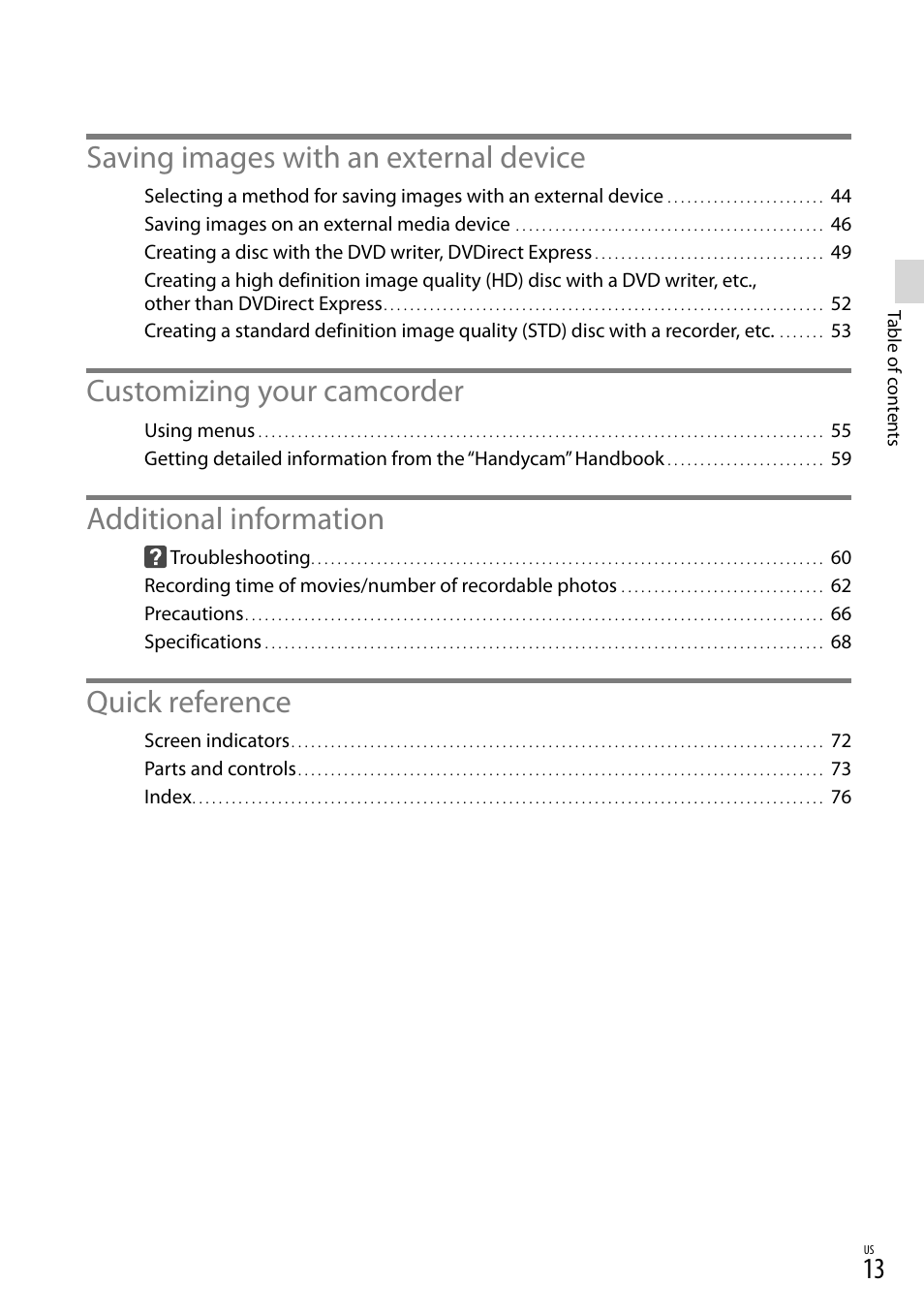 Saving images with an external device, Customizing your camcorder, Additional information | Quick reference | Sony HDR-CX360V User Manual | Page 13 / 151