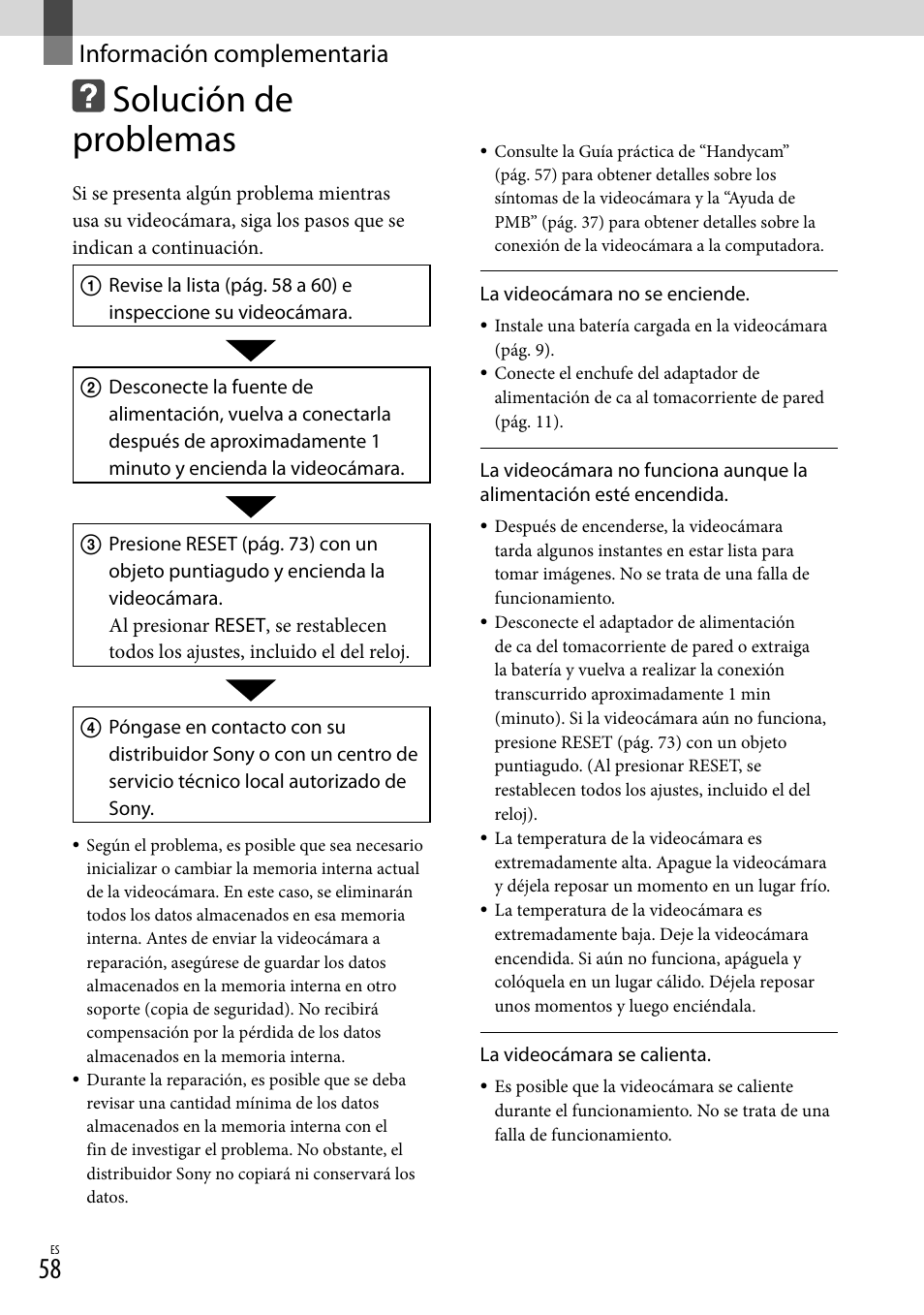 Información complementaria, Solución de problemas | Sony HDR-CX360V User Manual | Page 134 / 151