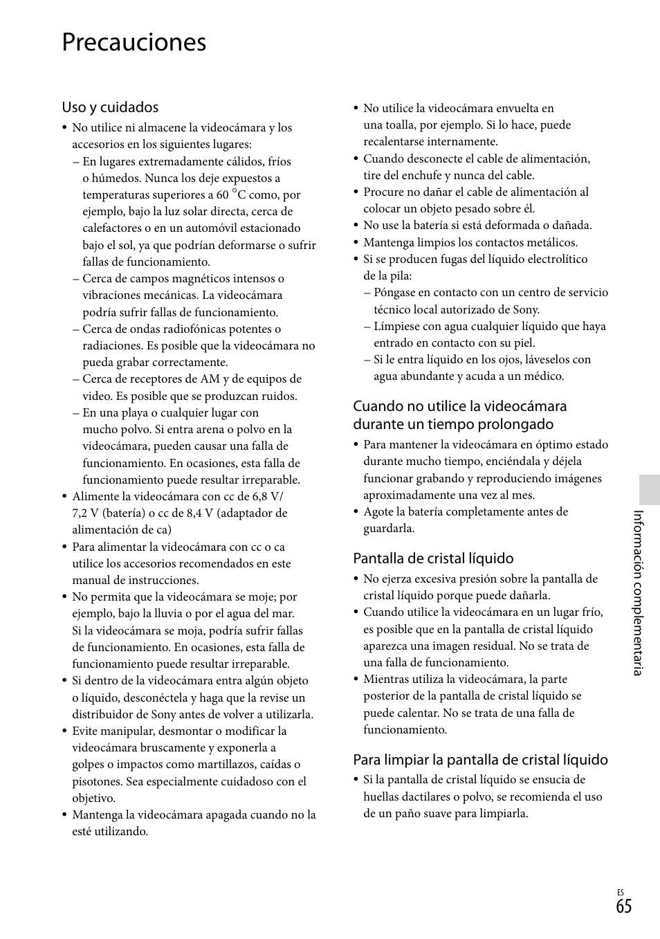 Precauciones, Uso y cuidados, Pantalla de cristal líquido | Para limpiar la pantalla de cristal líquido | Sony HDR-CX360V User Manual | Page 141 / 151