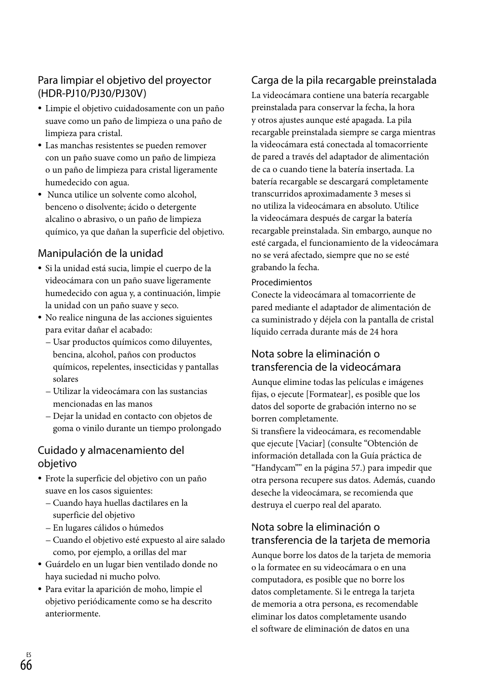 Manipulación de la unidad, Cuidado y almacenamiento del objetivo, Carga de la pila recargable preinstalada | Sony HDR-CX360V User Manual | Page 142 / 151
