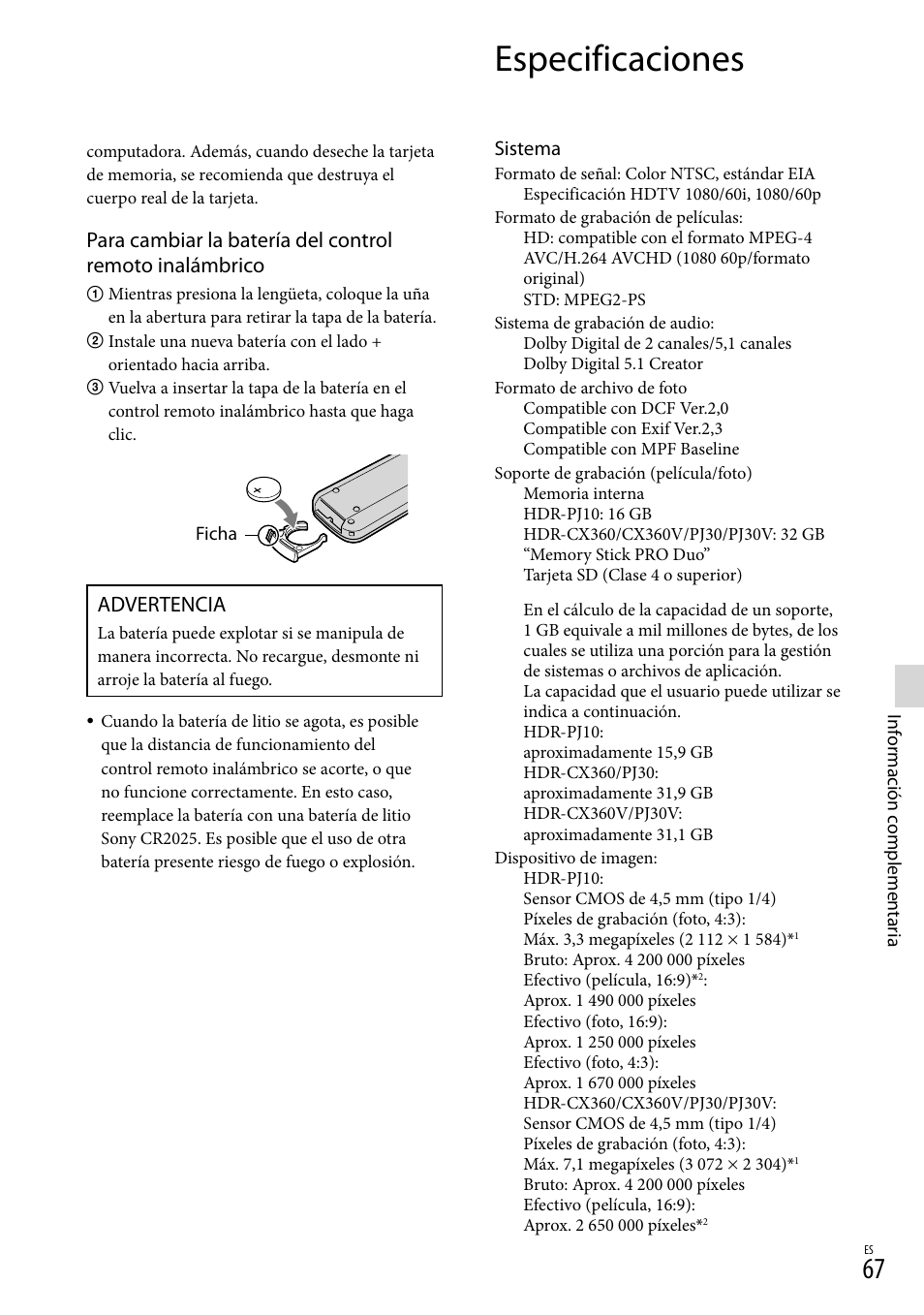 Especificaciones, Advertencia | Sony HDR-CX360V User Manual | Page 143 / 151