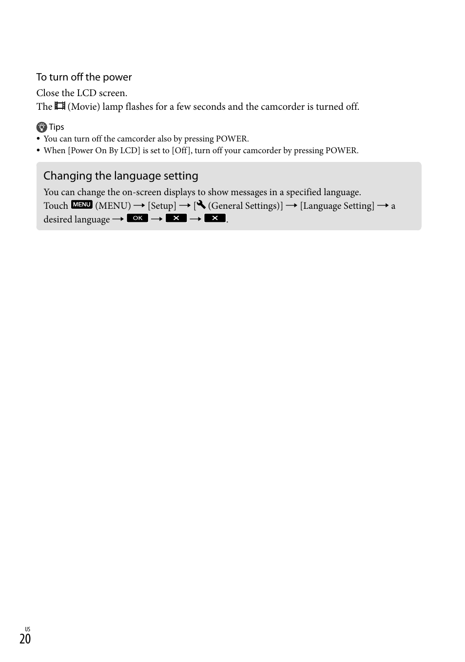 Changing the language setting | Sony HDR-CX360V User Manual | Page 20 / 151