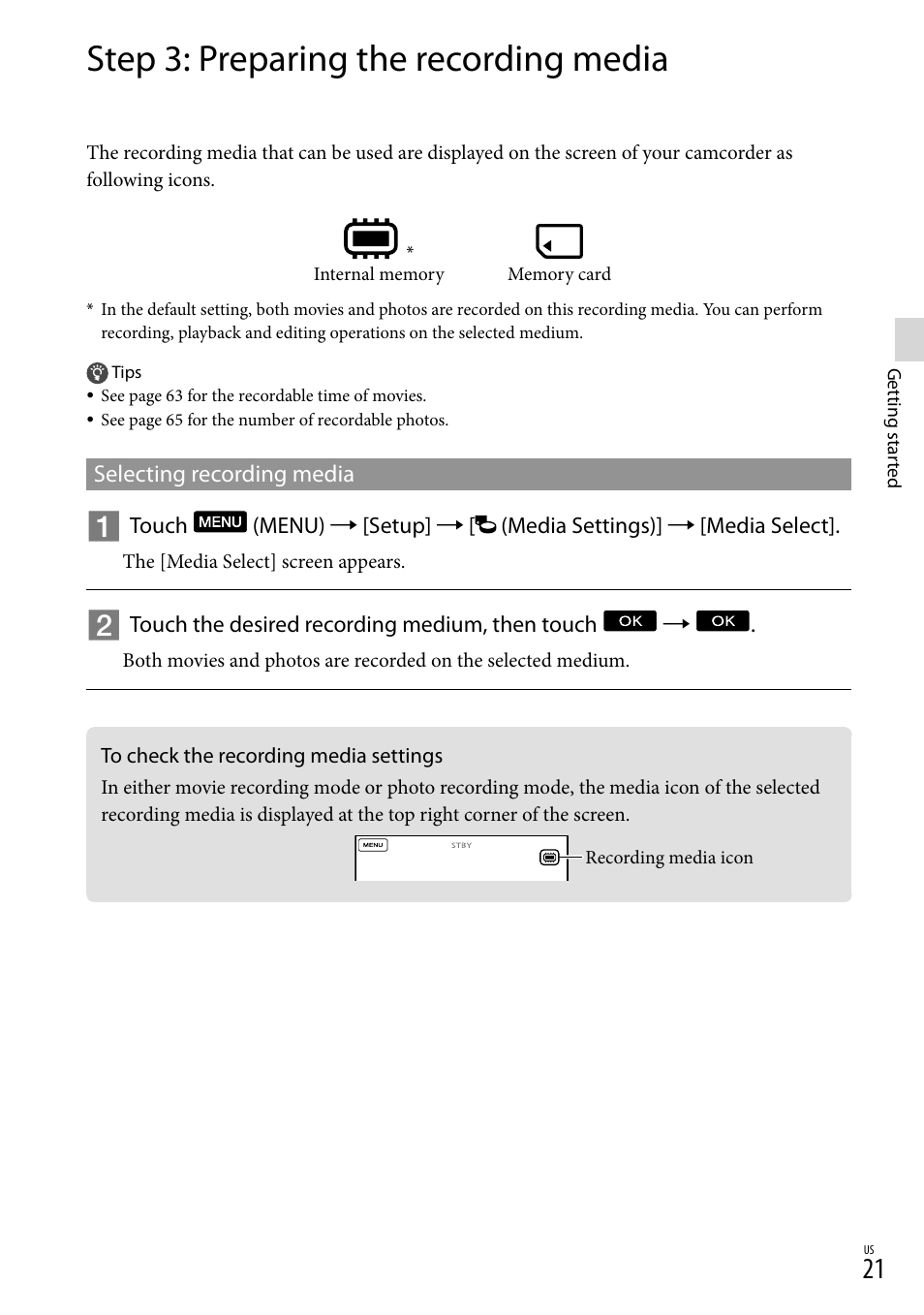 Step 3: preparing the recording media, To check the recording media settings | Sony HDR-CX360V User Manual | Page 21 / 151