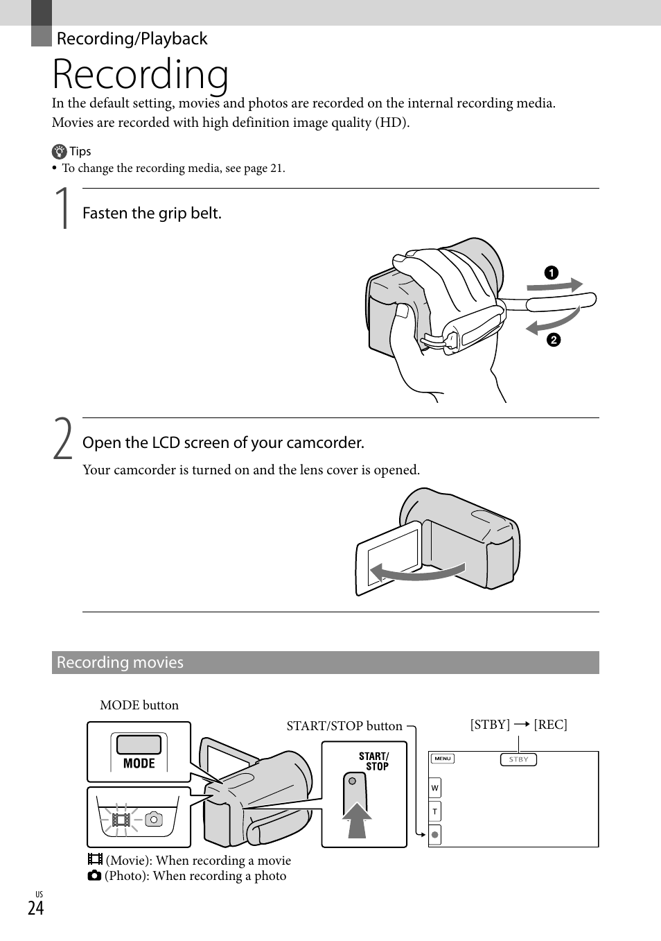 Recording/playback, Recording, 24), t | Sony HDR-CX360V User Manual | Page 24 / 151