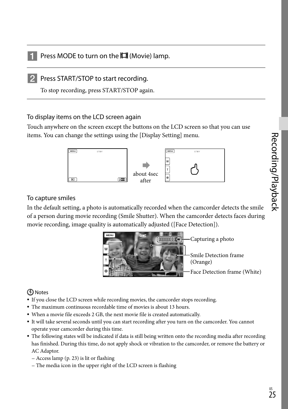 Rec or ding/p la yback | Sony HDR-CX360V User Manual | Page 25 / 151
