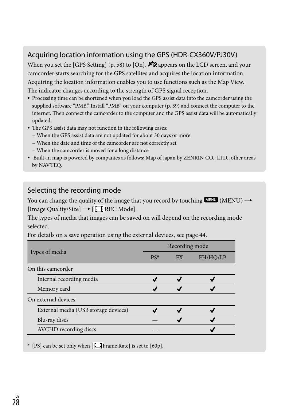 Selecting the recording mode | Sony HDR-CX360V User Manual | Page 28 / 151