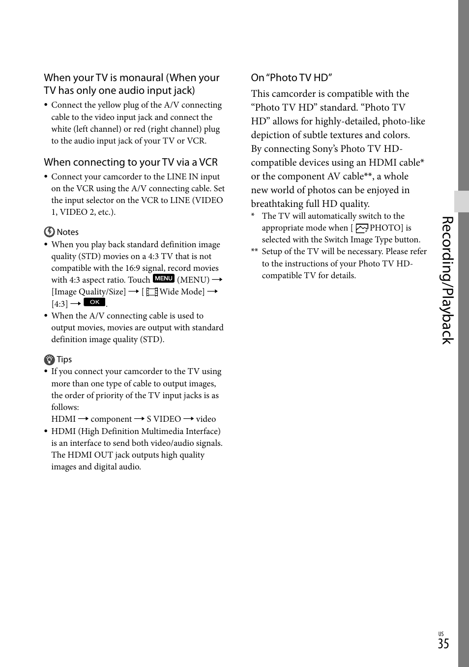 Rec or ding/p la yback | Sony HDR-CX360V User Manual | Page 35 / 151